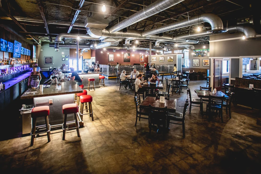 Tables and seating inside Wurst Haus in downtown Lake Jackson